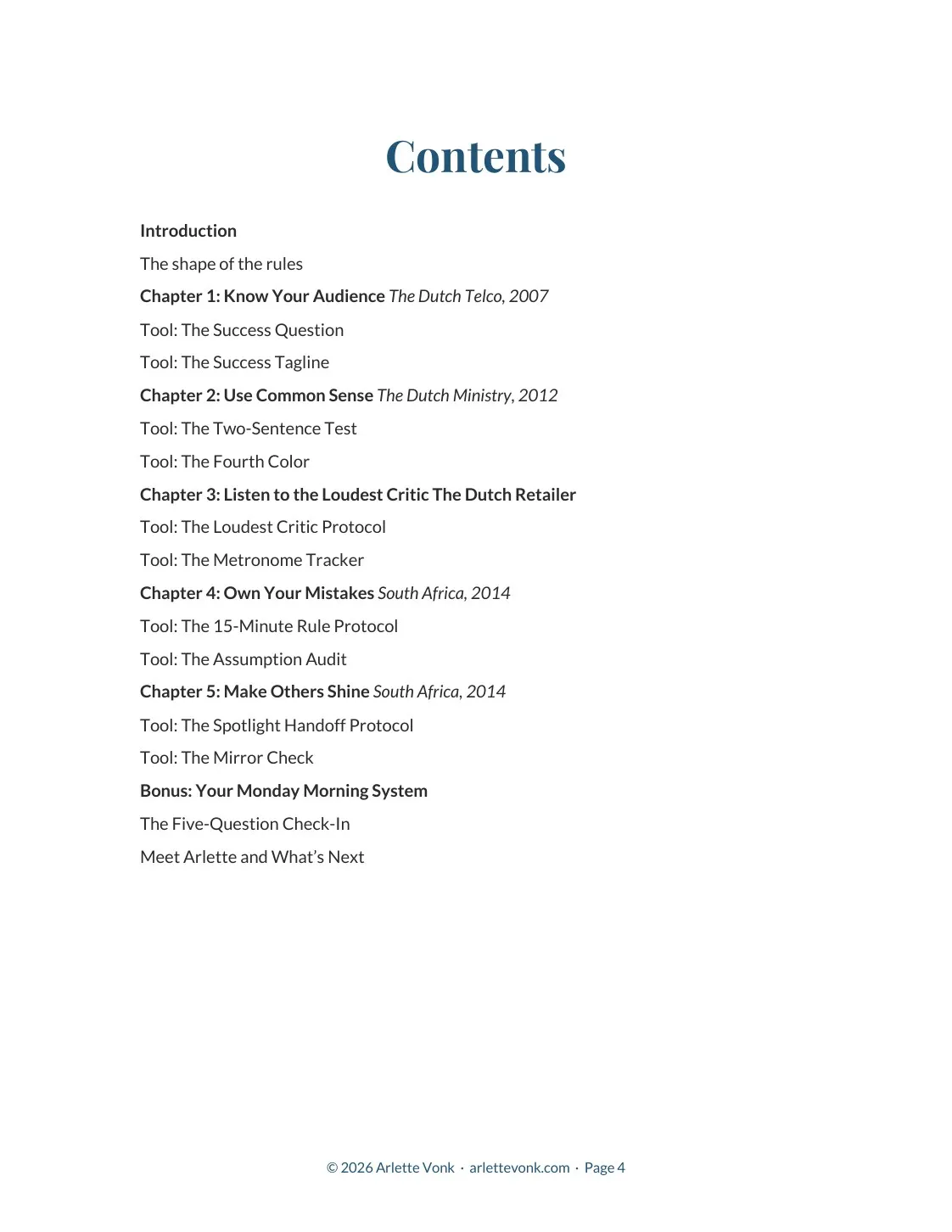 Contents: five chapters, ten tools, and the bonus Monday Morning System